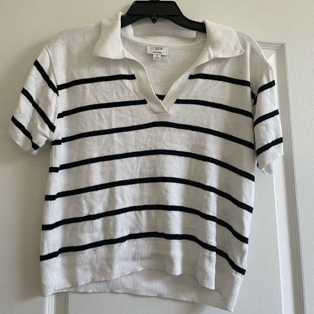 J. Crew white and black collared striped shirt. Made with Linen.